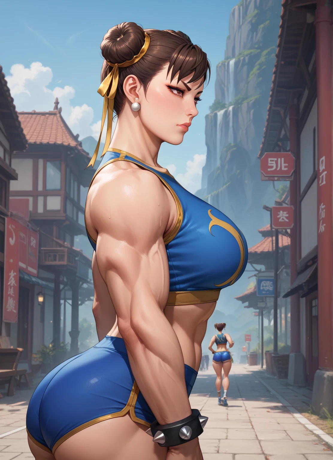 Masterpiece, 4k, highly detailed, CHUN-LI, brown eyes, double bun, yellow ribbon, blue bodysuit, red buruma shorts, crop top, sports bra, sleeveless, wide ass, from front, from side, tired look, short brown hair, red headband, perfect ass, big toned thighs,  big biceps, pout, bedroom apartment,