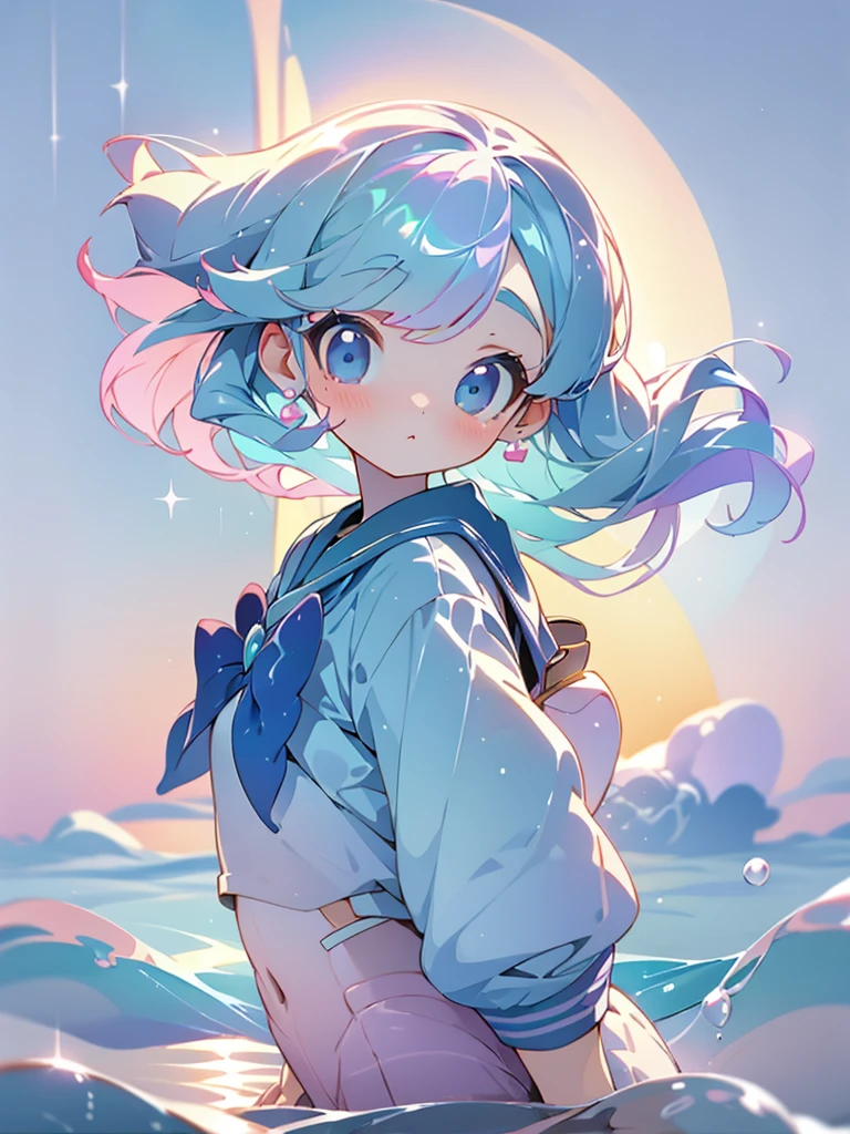  iridescent pastel colors、Beautiful girl in sailor suit、The background is the sky and sea at sunset