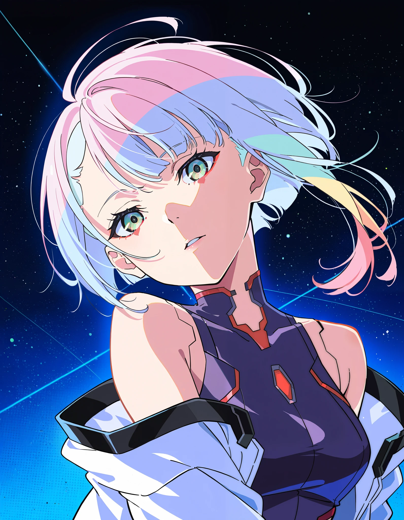 masterpiece, best quality, absurdres, safe
artist:yoneyama_mai
1girl, lucy \(cyberpunk\)
head tilt, floating hair
