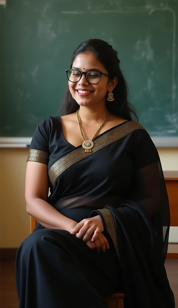 middle aged Tamil woman, hourglass figure, Divinely beauty, cute and innocent face, smiling eyes, thick nerdy specs, glossy red lips, standing in a classroom, long hair, (wearing:1.6 black transparent saree, black full sleeve blouse, blacklong skirt), golden pendant, wrist watch, leather chapels, look at viewer, vibrant colors, HDR, hyper realistic, intricate detailing, yotta-pixel image, yocto-pixel detailing
