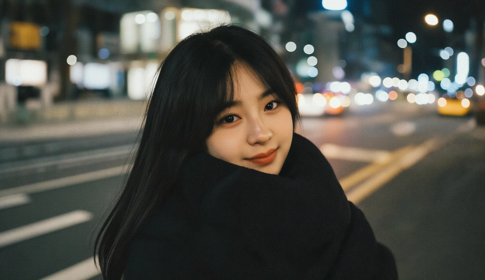 8k, masterpiece, (((pixel-perfect, detail-perfect, photo-perfect))), (solo:1.4), 1girl, smile, 8k, outside, christmas, christmas, night, standing, black hair, coat, realistic, city, dutch angle, japanese woman, 35 years old, scarf,portrait, smile, happy