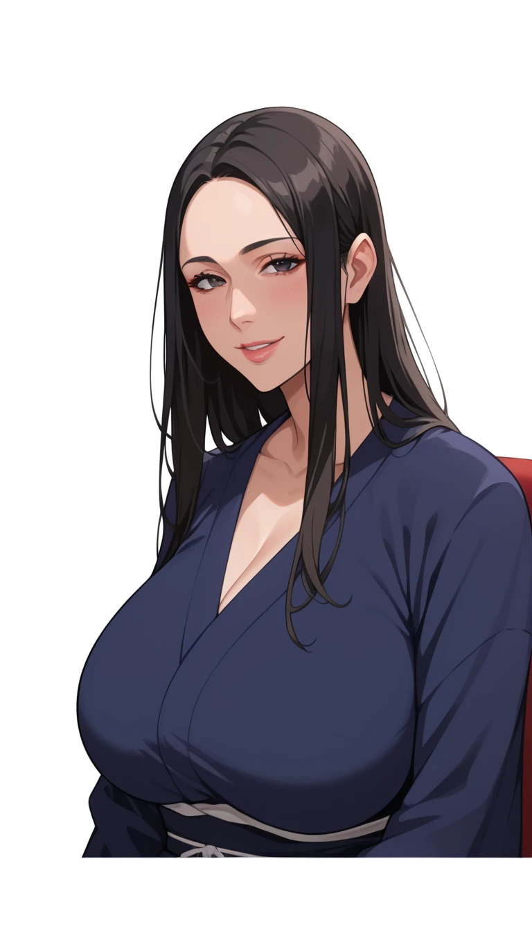 1girl, mature female, older, gigantic breasts, milf, motherly, wide hips, long hair, straight hair, parted bangs, black hair, black eyes, red kimono, off-shoulder, score_9, score_8_up, score_7_up, score_6_up, source_anime, beautiful face, expressive eyes, looking at viewer, solo, close-up, sitting, sofa, indoors, scenery, dramatic lighting, anime screencap, seductive smile