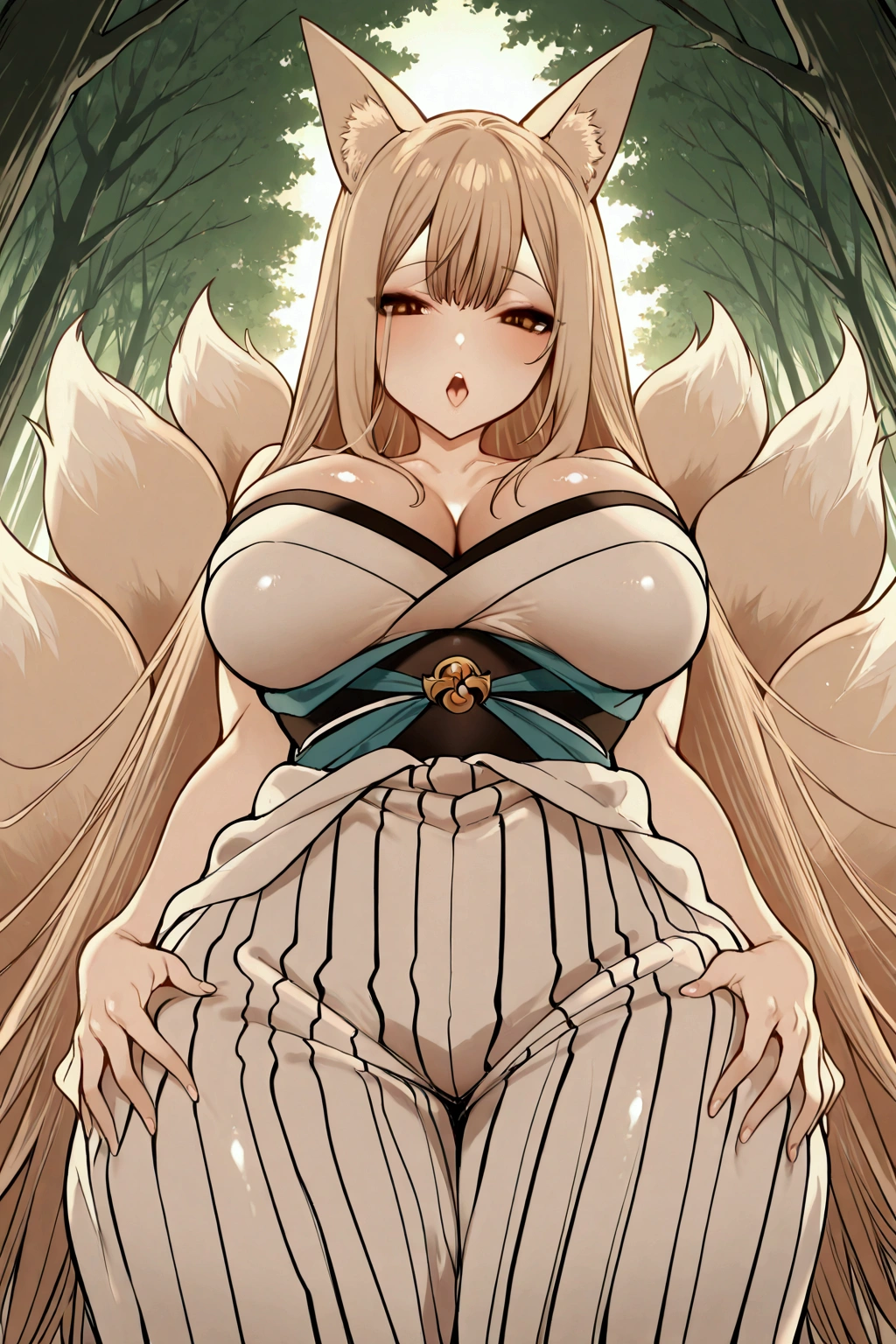 alone, girl, kitsune, light brown hair, long straight hair, bangs, fox ears, narrow eyes, enigmatic smile,Open mouth, decorated black strapless top, big breasts, thin waist, feminine hips, kimono style pants, white fox fur around her waist, nine tails of blonde kitsune, shadow kitsune with hands, happy, forest shrine background, morning light, talking, masterpiece, shiny skin, beautiful, details, high quality, quality anime, poster quality, romantic sparks, dinámica seductive pose, magazine pose. Groping her own butt, cowboy shot,pov from behind below