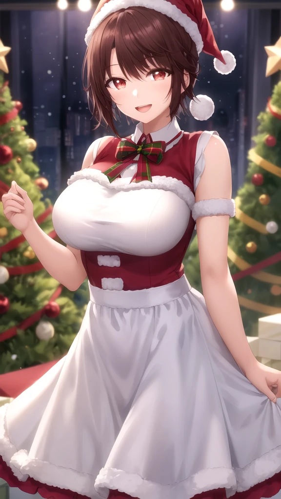 masterpiece, best quality, high quality, girl, solo, looking at viewer, yuuta_kadowaki, large breasts, merry christmas Dress, standing, smile, open mouth,