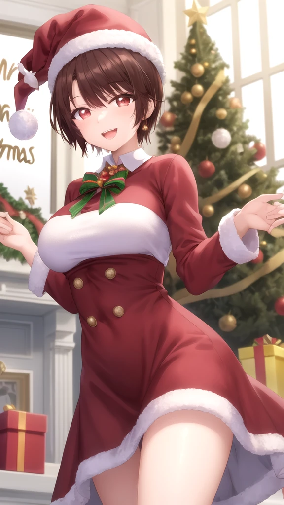 masterpiece, best quality, high quality, girl, solo, looking at viewer, yuuta_kadowaki, large breasts, merry christmas Dress, standing, smile, open mouth,