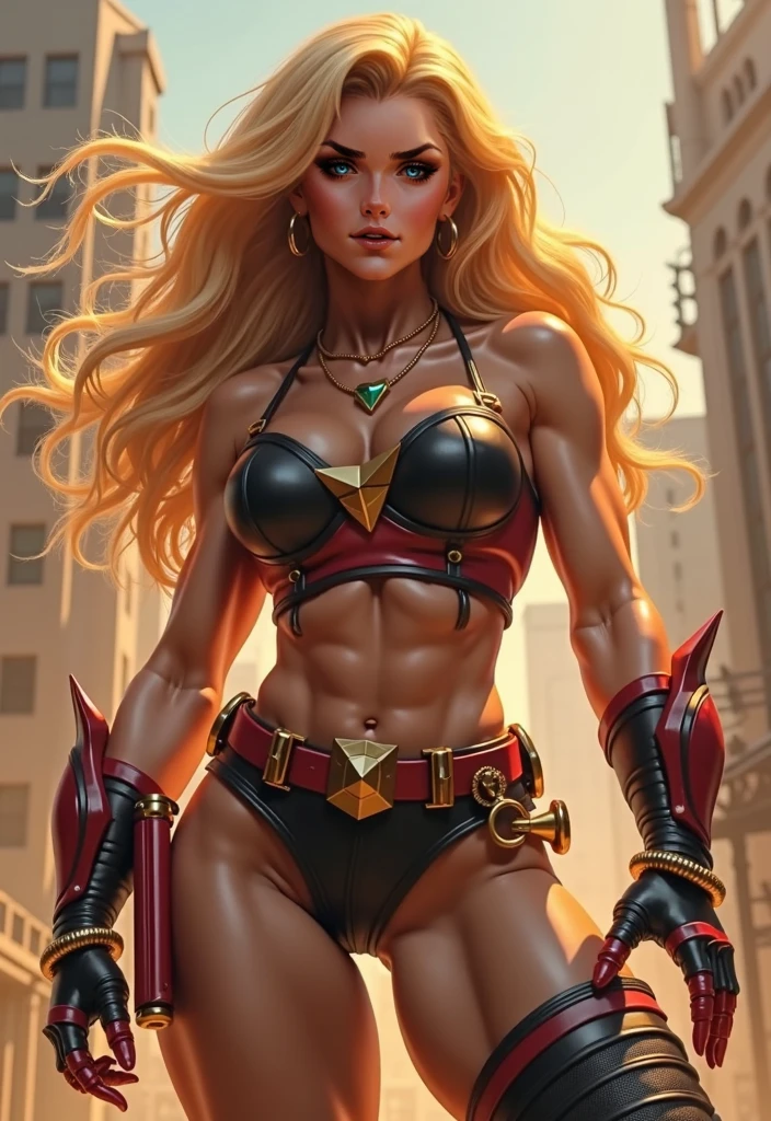 A digital illustration with EvaKiss-style drawing and shading techniques of the beautiful female Super Saiyan Guko, big tits and pert ass