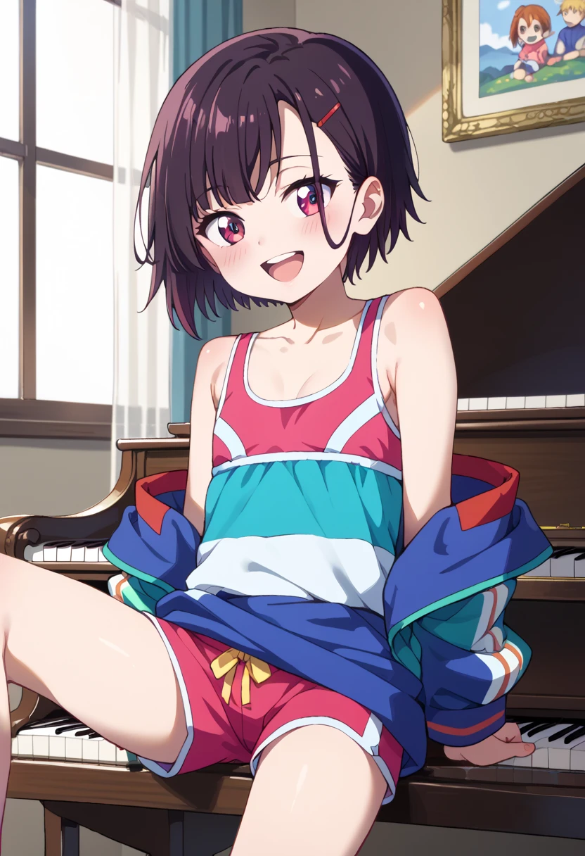 (( top quality)), ((masterpiece)), (be familiar with),  perfect face, indoor, bedroom,  watching viewers,
One woman, Mikazuki Kan,
 open mouth,  ecstatic expression beside the piano, blush, smile,
 small ,  flat chested, Young girl, Lori,  kids,  girl,
Short Hair,  short hair,
Leg spread,