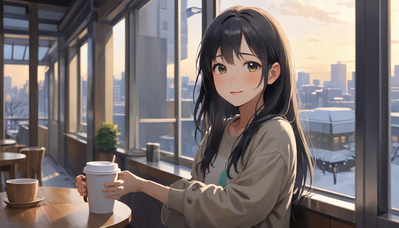 (looking away:1.5),Upper Body, Realistic, real person, (pale skin: 1.2), RAW photo, photorealistic, shiny skin, shiny hair、 (A 25-year-old woman with medium-length hair and bangs) and (wavy hair) and (brown hair) and (Orange Eyes) , smile, Wearing a white dress,The background is the interior of a cafe、Alone、Coffee cup、Sitting
