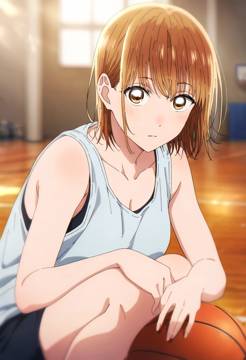  1 girl, Alone, Chinatsu,  Blurry Background,  tank top、 spats、gym、 Basketball 、looking at viewer, masterpiece,  top quality,  great quality,   very aesthetic ,  absurd