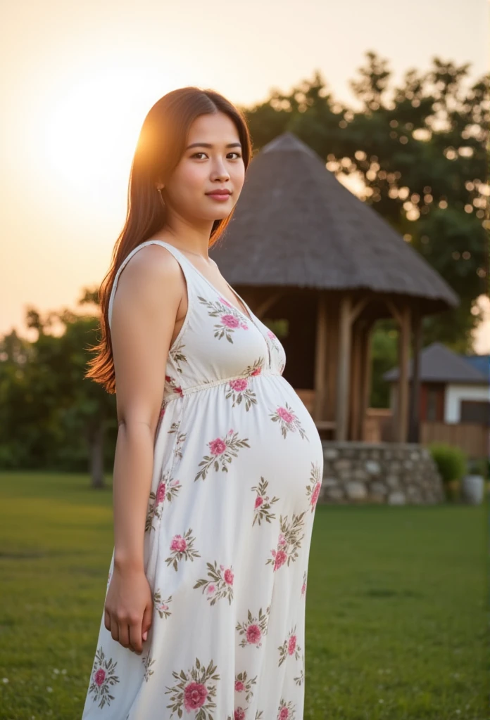 an Pregnant Indonesian woman,  wear a sleeveless nightgown with floral print, walk in front of the house , Village atmosphere, under sunrise light , realistic photography. look at the viewer,