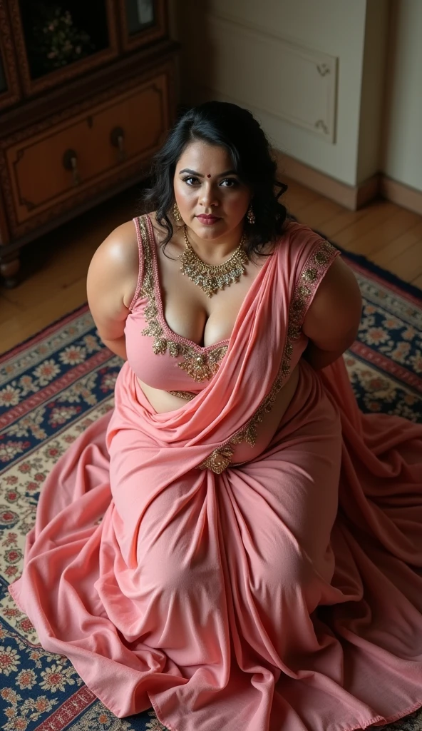 there is a plus sized woman sitting on the floor in a long dress, dressed in a sari, traditional beauty, sexy pose, attractive pose, indian, very artistic pose, doing an elegant pose, beautiful pose, awesome pose, very sexy pose, indian goddess, wearing a sari, wearing a steampunk pink colour sari, elegant pose, hands behind her pose!, two men wearing brief standing in front of her, top view 