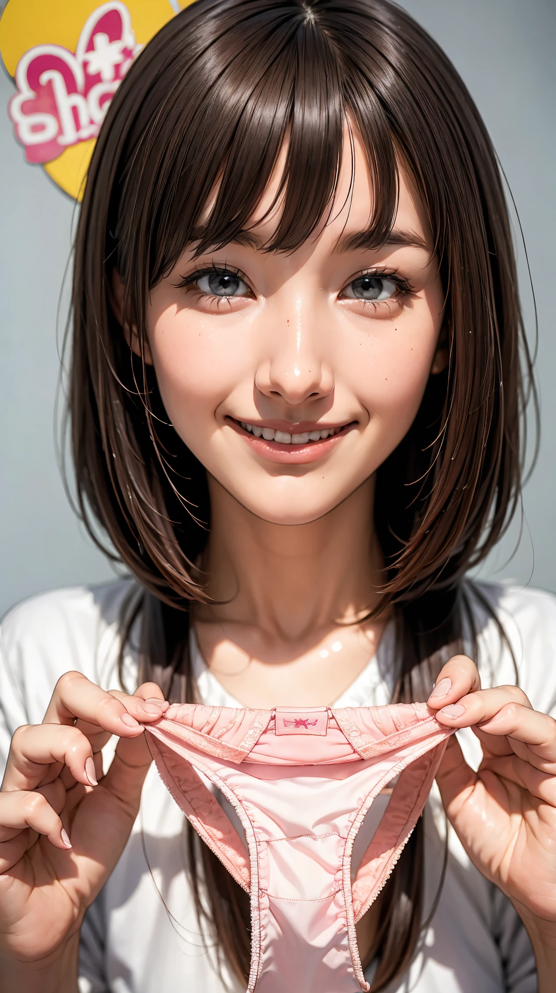  very large bright pink panties、Gray Hair、 Search 。 hairstyles are random 、Face is close、Close face、Panties in front、 panties、 very big panties 、Pretty big panties，smile:1.2