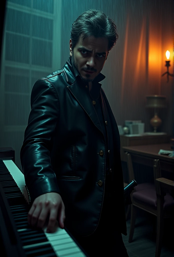 stands at the piano and presses the keys with one hand, a man in a dark room, suited figure whit beretta gun, film noir style, Hawaiian shirt, leather black jacket, flashlight to the camera, dramatic lighting, high contrast, moody atmosphere, cinematic composition, chiaroscuro, gritty texture, strong shadows, dramatic pose, focused expression, 1990s style, hints of color, atmospheric environment, rainy night setting, desaturated palette, deep shadows, hard edge lighting, dramatic silhouette, cinematic depth of field, photorealistic, masterpiece, 8k, watch to the camera, Max Payne, lilamaddyson