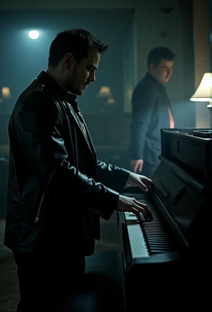 stands at the piano and presses the keys with one hand, a man in a dark room, suited figure, film noir style, Hawaiian shirt, leather black jacket, flashlight to the camera, dramatic lighting, high contrast, moody atmosphere, cinematic composition, chiaroscuro, gritty texture, strong shadows, dramatic pose, focused expression, 1990s style, hints of color, atmospheric environment, rainy night setting, desaturated palette, deep shadows, hard edge lighting, dramatic silhouette, cinematic depth of field, photorealistic, masterpiece, 8k, watch to the camera, Max Payne, lilamaddyson