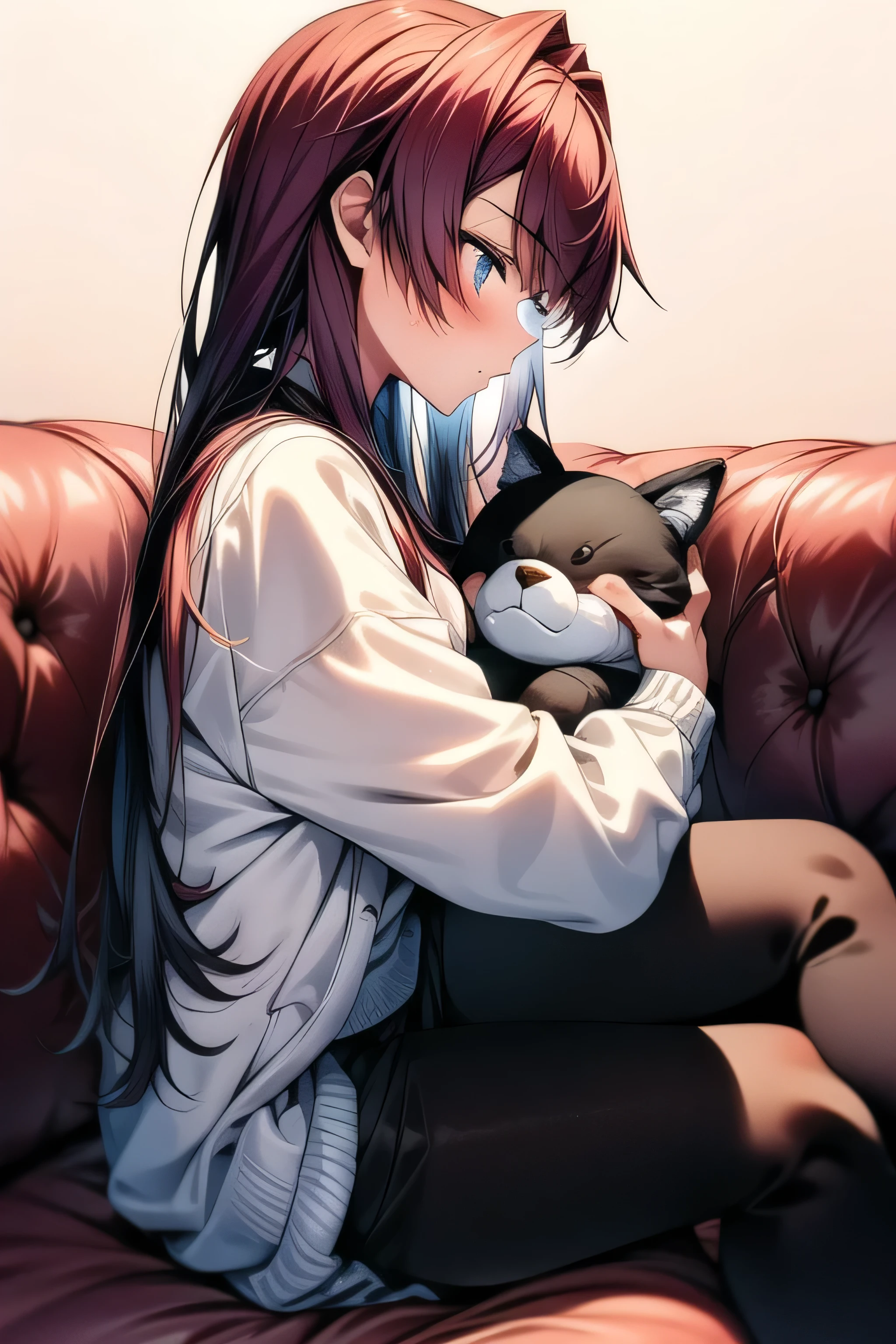 masterpiece, 1 girl, 18 years old, Alone ,Melancholy profile, I'm going to look up, miniskirt, Winter clothes, Loungewear, Fluffy,   lean forward ,  pant stockings, Sitting beside me on the couch, close, I'm holding a stuffed animal , 