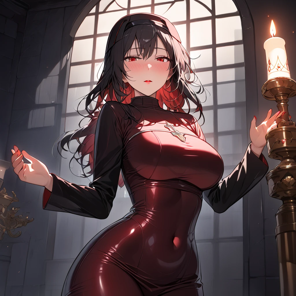 score_9, score_8_up, masterpiece, best quality, 8k uhd, (shoulder-length black hair:1.3), (red eyes:1.3), (red lips:1.2), (blushing face:1.4), (tight fitting nun outfit:1.4), (exposed navel:1.2), (medium breasts:1.2), (wide hips:1.3), praying hands, (dark moody atmosphere:1.3), candlelight, (Dildo shadow reflected in pink blinds :1.2), (suggestive shadows on blinds:1.2), seductive pose, perfect lighting, intricate details, belly button exposed through clothes, whole body