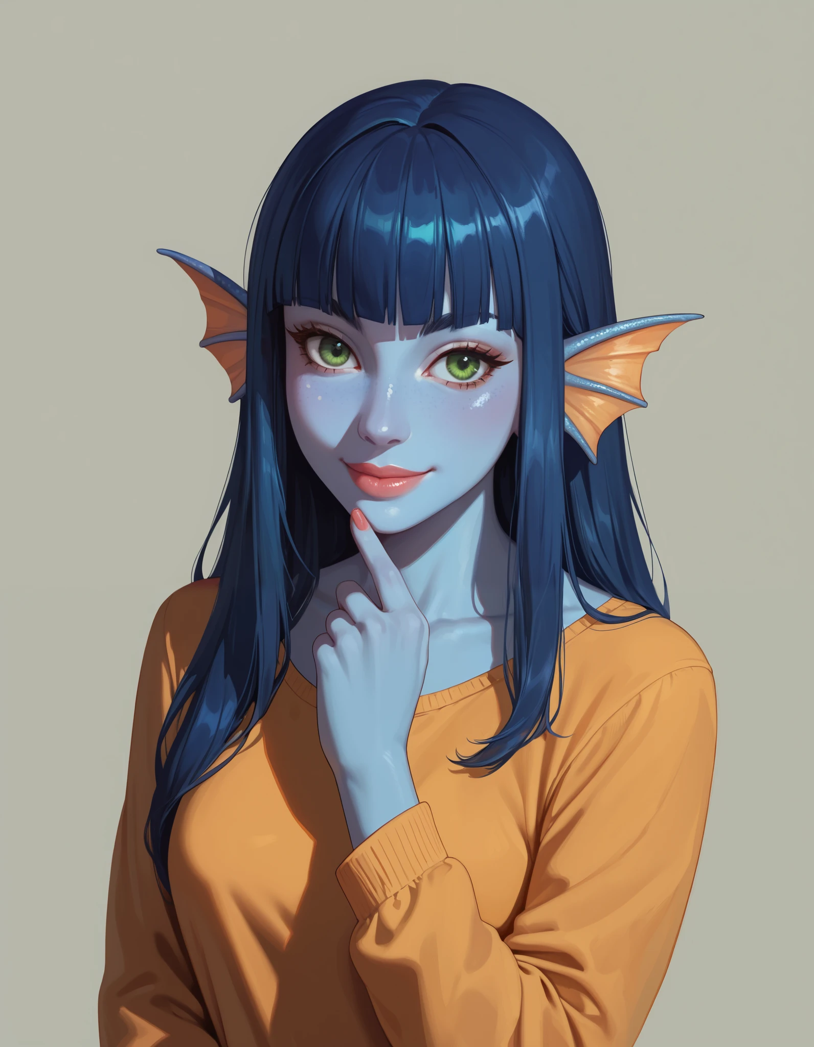score_9, score_8_up, score_7_up, 1girl, solo, blue hair, blunt bangs, colored skin, cowboy shot, fins, fish girl, furry, furry female, green eyes, hand on own chin, hands up, head fins, jaggy lines, lips, long hair, looking down, simple background, smile, standing, straight hair, masterpiece, best quality