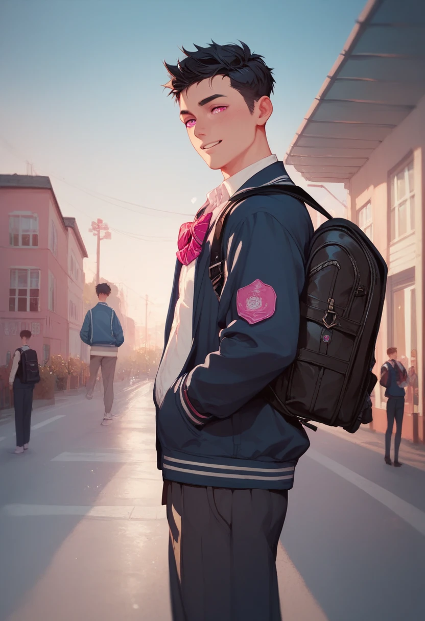 (1boy), (school uniform), (large exercise jacket), (black backpack), (black hair, silly look, hot pink eyes), (minimalist city background)