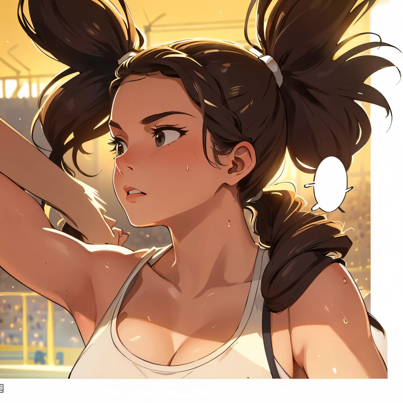 best quality, a beautiful woman, (tank top, sports shorts), wavy hair, ponytails, big gorgeous eyes, serious, parted lips, sweat, (running at the stadium, detailed stadium with a lot of spectators in the background), morning, intricate details, soft tones, clean lines, perfect illustration, natural lighting, 8k