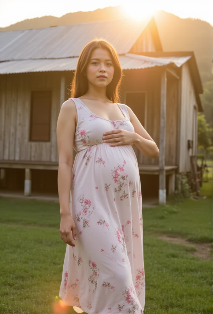 an Pregnant Indonesian woman,  wear a sleeveless nightgown with floral print, walk in front of the house , Village atmosphere, under sunrise light , realistic photography. look at the viewer,