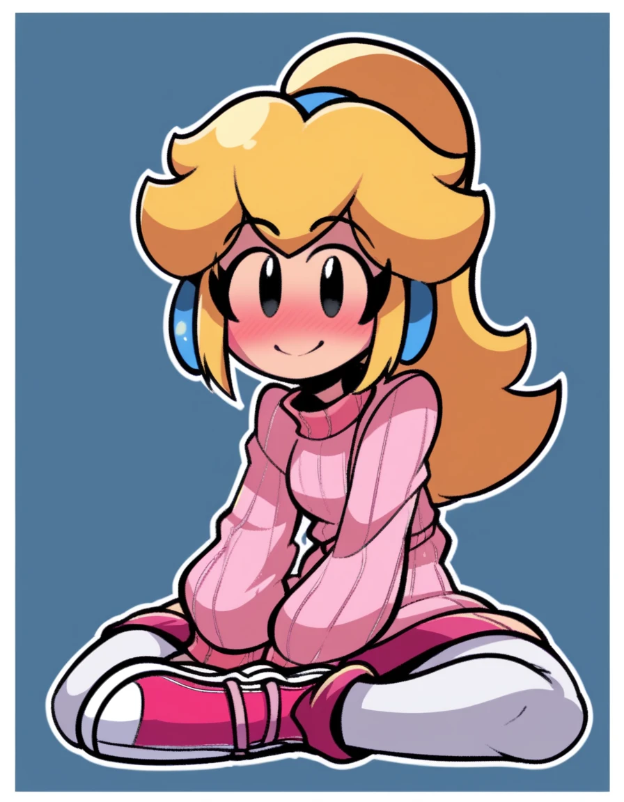 zPDXL3, 1girl, solo, blue background, white border, white outline, black outline, flat color, no sclera, black eyes
prngs, princess peach, sweater dress, ribbed dress, turtleneck, pink dress, long sleeves, white tights, pink leg warmers, leg warmers, pink sneakers, sitting on floor, light smile, blush, looking at viewer, ponytail,