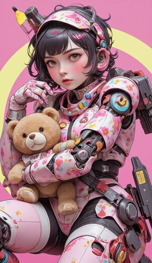 cute girly robot relaxed holding kawaii teddy-bear\(Steiff\). colorful flower pattern on body, equiped heavy beam-gatling-gun at back, kawaii mood. Joints and gaps of the body glowing pink.full body,sharp teeth,open mouth,tongue.hardcore machine. newest anime style,cute pop background,high brightness.vivid pastel color, pop, relax mood.