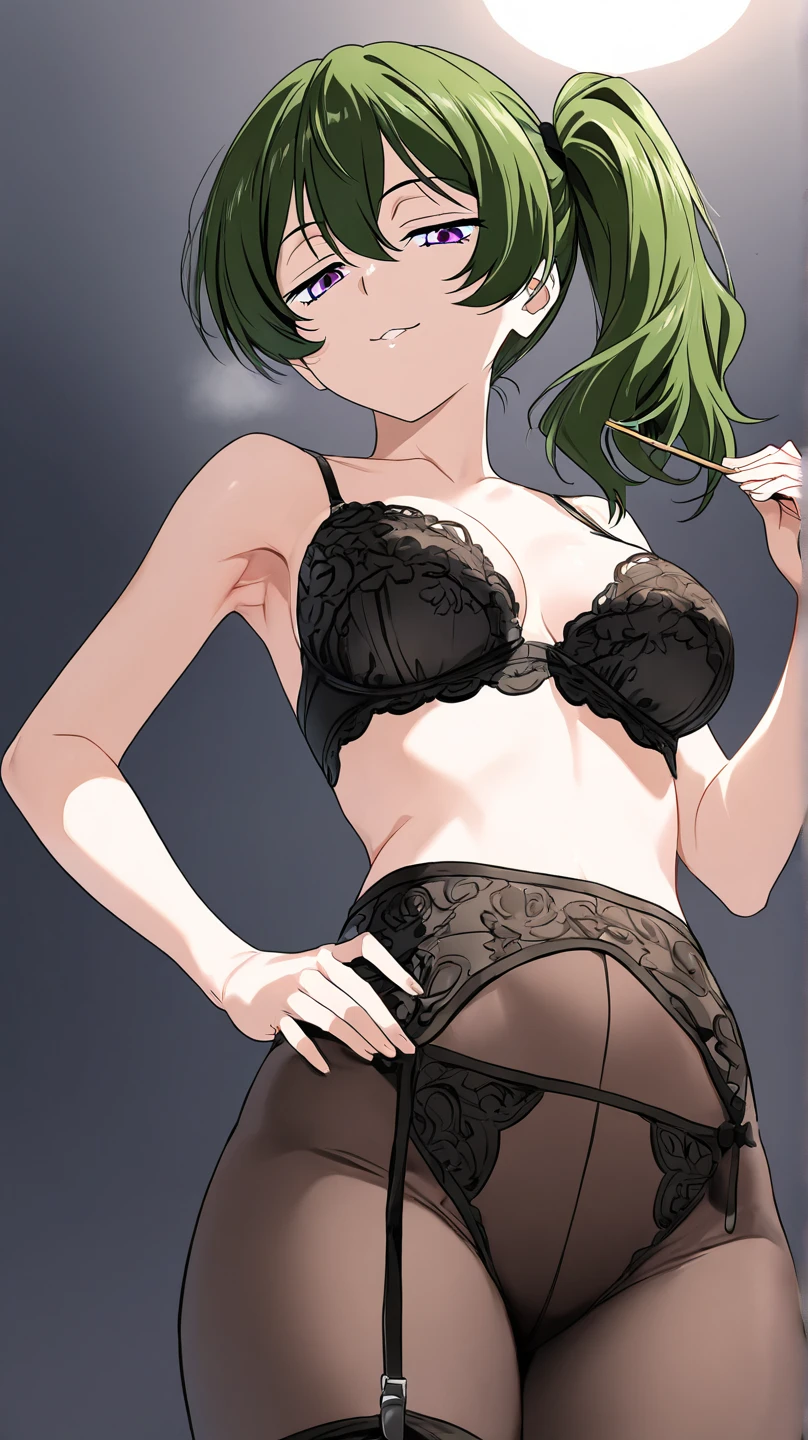 score_9, score_8_up, score_7_up, source_anime, expressiveh, 1girl, ubel, medium hair, hair between eyes, green hair, side ponytail, (purple eyes:1), half-closed eyes, medium breasts, armpit, ((seductive face)), character focus, looking at the viewer, black bra, pantyhose,garter belt,holding, cowboy shot, brothel, from below, good anatomy, correct anatomy,hand on hip