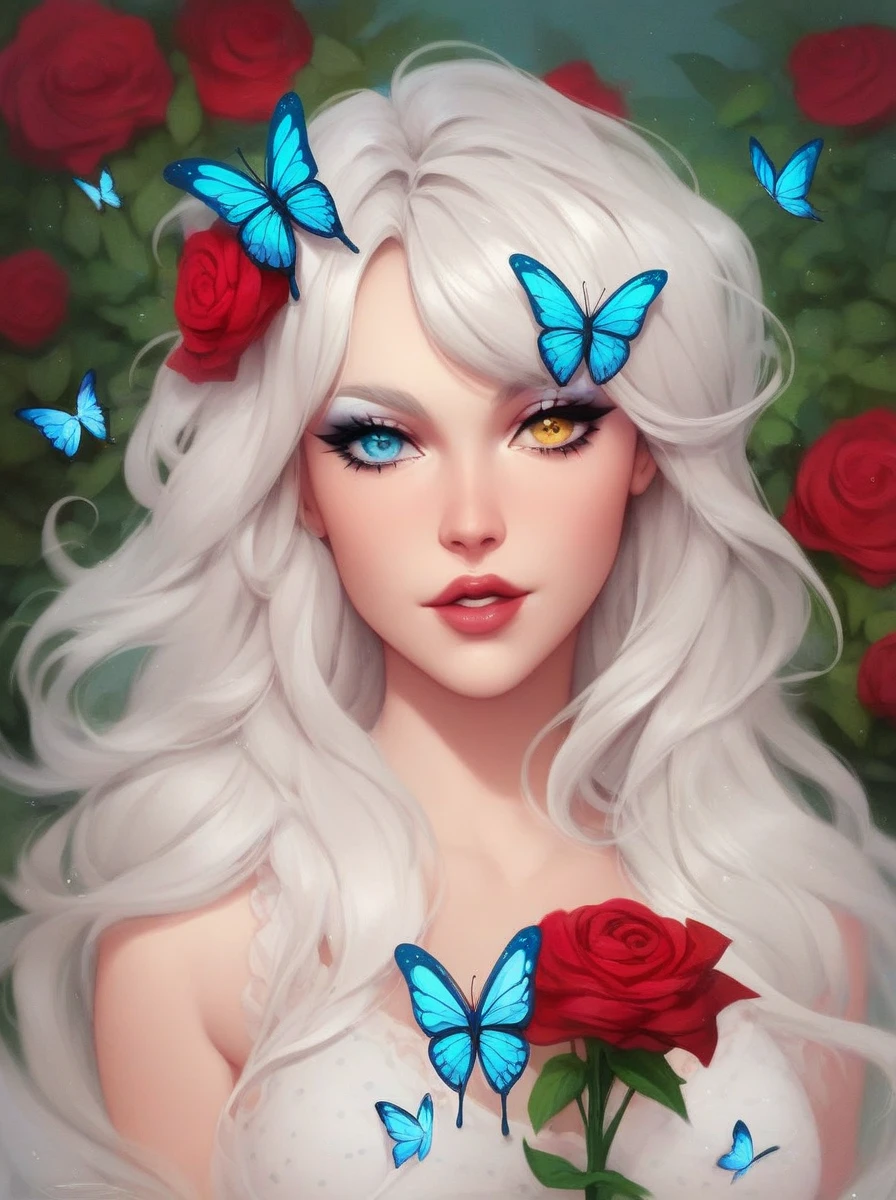  an adult woman , seen from afar and from the side , with long white hair with light blue tips, with an eye with heterochromia blue and yellow ,  lips painted with pink lip gloss , with an innocent look, with a soft and gentle smile ,  wearing a light blue hanfu with gold details ,  looking at a white butterfly posing softly on a red rose in her hand,  standing in a garden with clear skies  