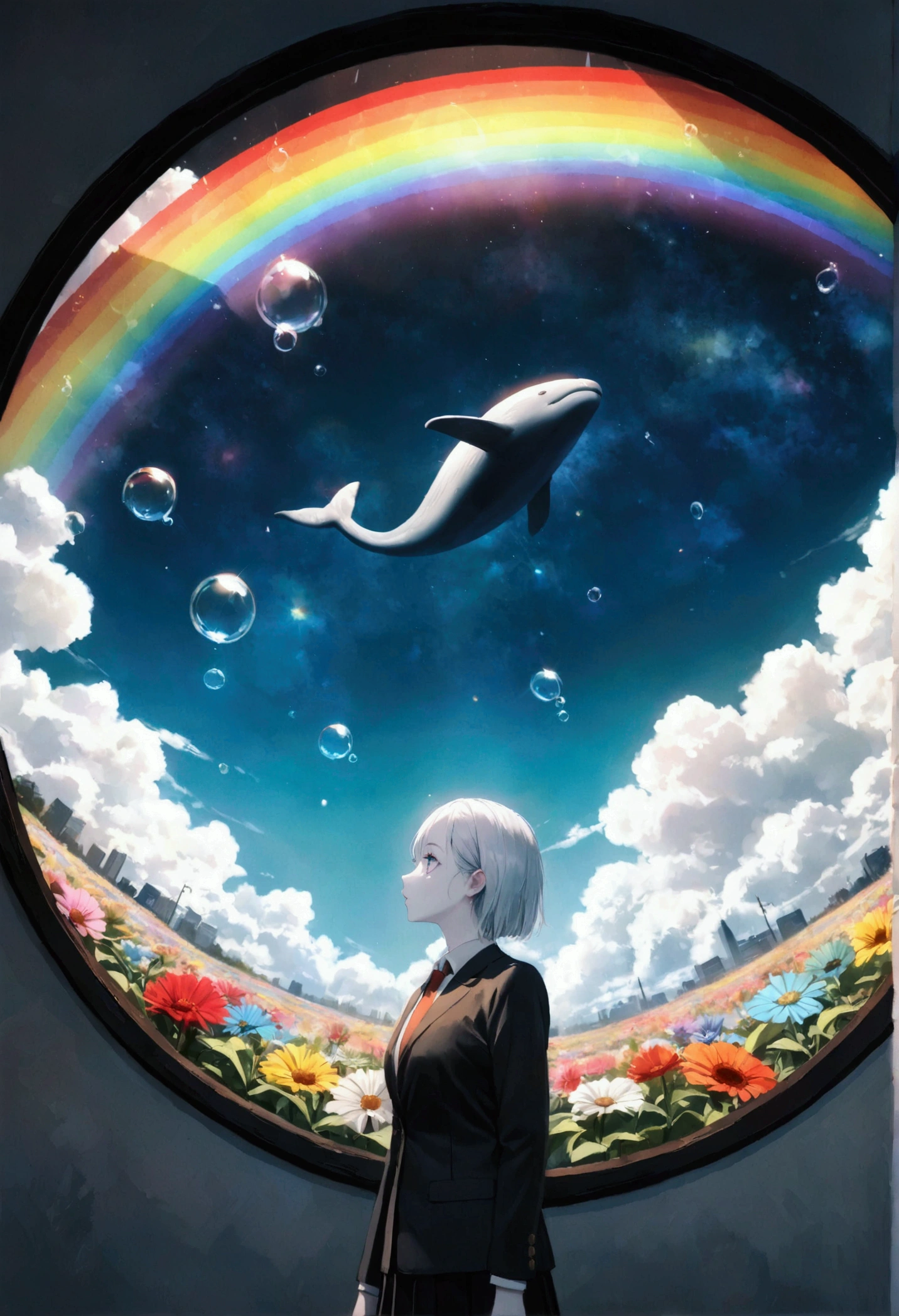 (woman\(student, 20 years old, ＪＫ, Her short silver hair sways, Space-colored eyes, Black school uniform,  blue-white skin)  Looking Up at the Sky ), ( large glass-colored whale in a clear black suit is swimming through the air), Beautiful sky,  Beautiful Clouds ,  colorful summer flowers blooming ., ( transparent bubbles shining like a rainbow here and there), There is a noon moon in the sky and a daytime star , It's a crowded downtown , break ,quality\(8k,非常に精細なCGユニットの wallpaper, masterpiece, high definition ,top-quality,top-quality real texture skin, surreal,  resolution increases when drawing hands , RAW photo,最高quality, very detailed with crimson hair, wallpaper, movie lighting,[ ray tracing,Golden Ratio\),(Long Hit), wide shot,