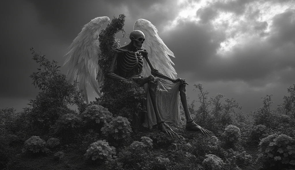 Monochrome image. The great skeleton is an angel. He sits on a throne of plants, surrounded by beautiful flowers. The angel died a long time ago. The sky is covered with clouds