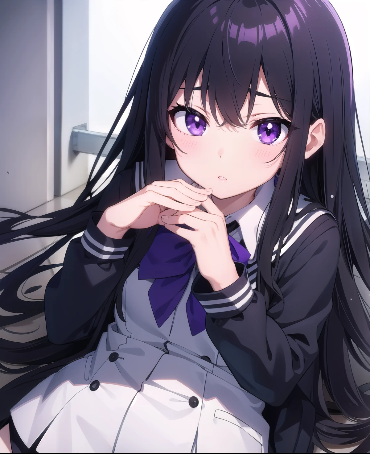 Mirai Atame black long wavy hair violet eyes thin eyebrows and plump lips dressed in a UA academy uniform pale skin, doe eyes diamond head is diamond 