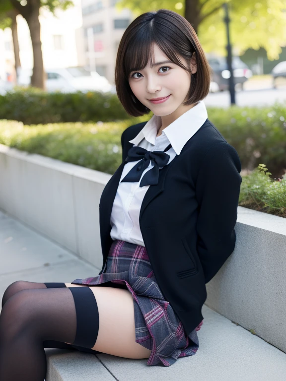 (8k), (Highest quality: 1.2), (Realistic), (Realistic: 1.37), Ultra-high resolution, (1 girl), cute, smile, Mouth closed, Beautiful details, Beautiful Nose, Short Bob Hair, Giant Dulcefo, pork, Thighs,Self Snap,University uniform,A simple blazer,Pleated skirt,(The skirt and tie are tartan checked.....:1.3),(Sitting:1), Sit on the ground,(Hug my feet:1),(Pink tights),from the front,knees