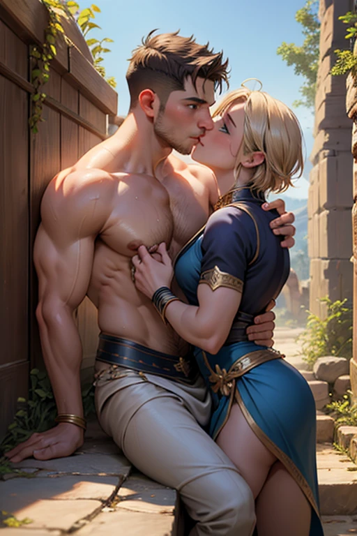 2 men, photo realistic. A friendly, pleased, handsome, muscular, 25-year-old, Greek male gladiator, with short, fade-cut brown hair, stubble, and blue eyes, shirtless, wearing an armored skirt and sandals, glistening with sweat, cuddling with a handsome, lean 18-year-old, Greek male gladiator, with short, fade-cut blond hair, and blue eyes, wearing a tattered linen tunic, gazing at each other, kissing passionately, groping each other, in an old Greek ruin, on a summer afternoon. Masculine, handsome, sexy, romantic.