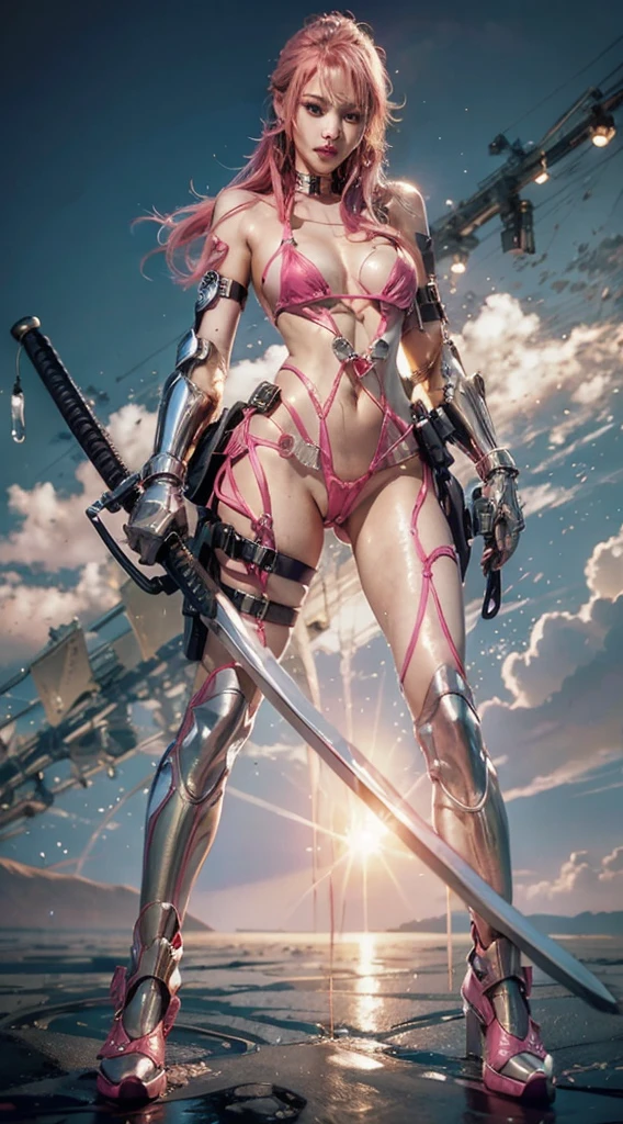 Highest quality、Surreal、Perfect Anatomy、In a crowded, busy street、Surrounded by spectators、Crowd、Wet and shiny white skin、Sweat dripping all over the body、Slender model figure、Ahegao、Golden and pink hair、soaked、Super small face、Collars and Leads、大きなCleavage、Cyberpunk Girl、photo shoot、Japanese sword、Micro Bikini、latex、Heart decoration、Cleavage、Face masks、