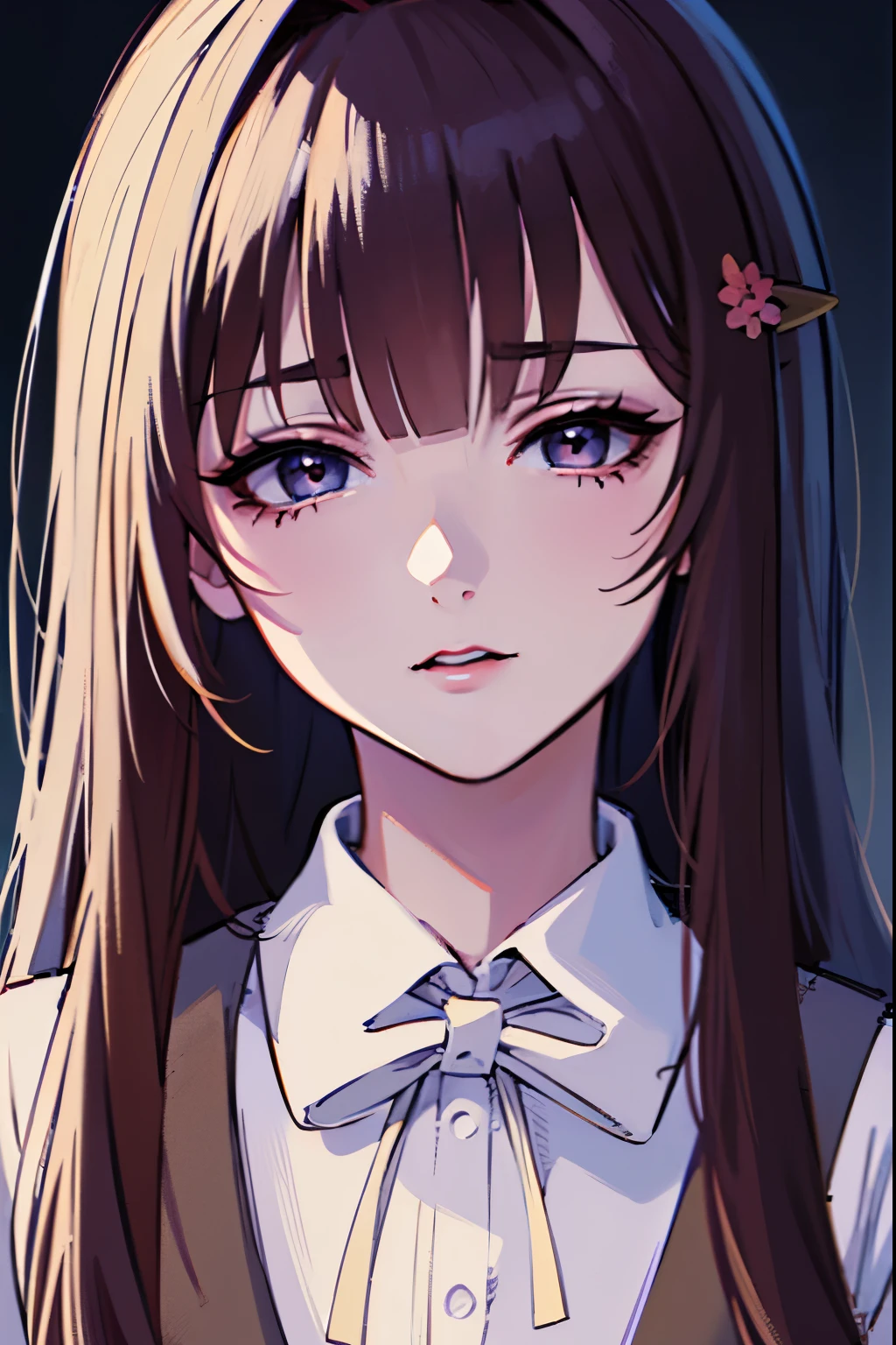 Anime girl with long hair in a suit and a bow,  realistic anime art style , anime girl portrait,  soft anime cg art , beautiful anime high school girl, realistic young anime girl,  portrait of an anime girl ,  anime style . 8K,  anime moe art style , Beautiful anime portrait,  High quality anime art style ,  anime style  portrait, attractive anime girl