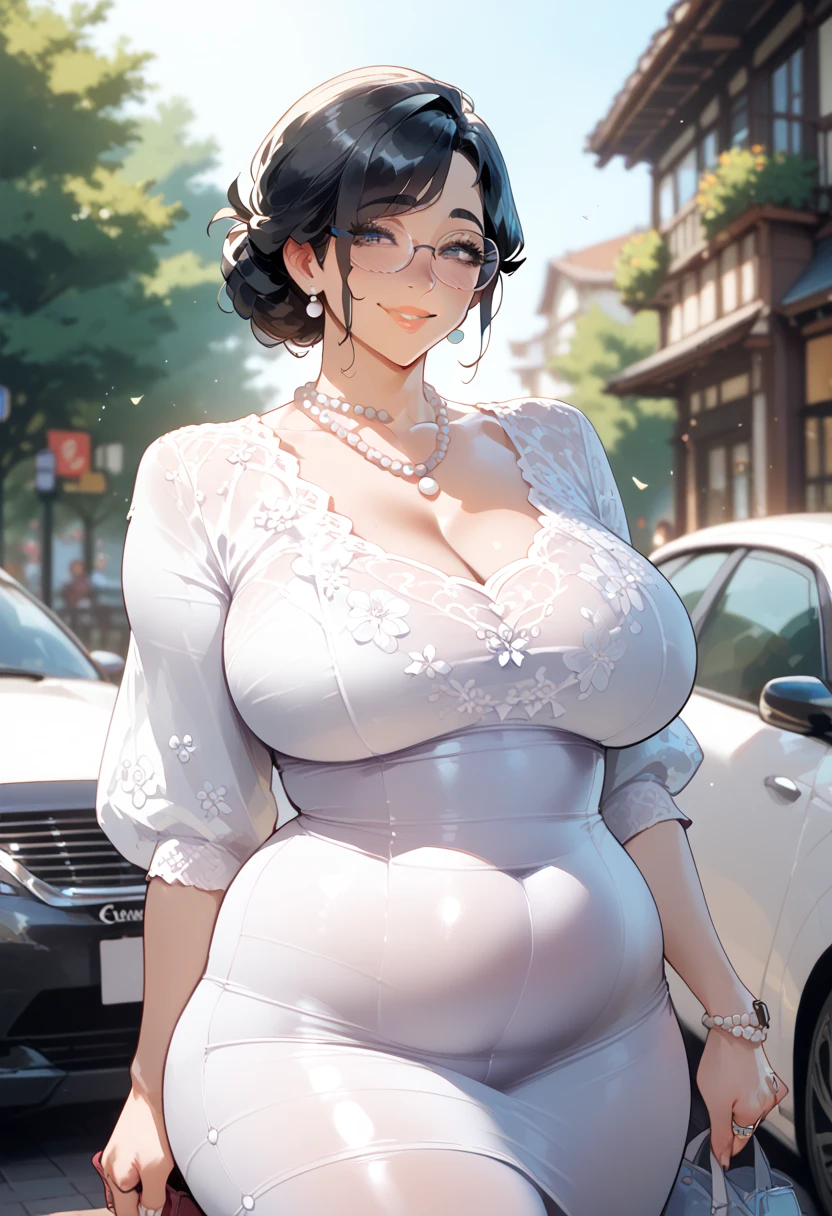 Anime milf,mature,hair bun,black hair,specs,chubby waist,plump body,shy smile,blush,wedding ring,pearl necklace,tight leggings,shirt dress,big breasts,big ass