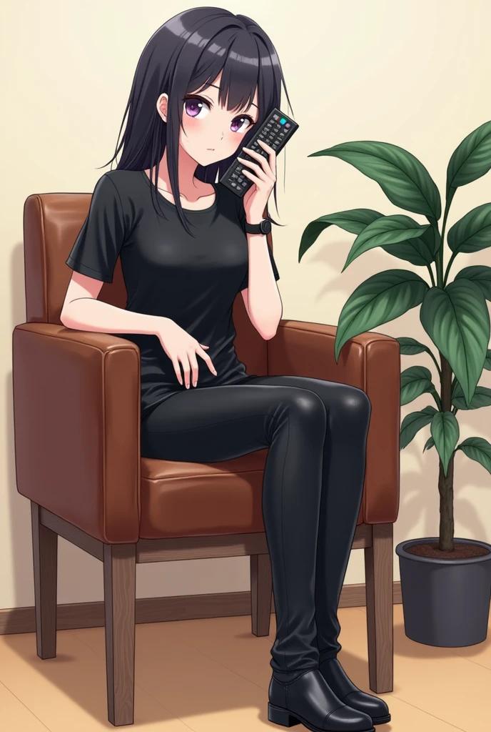 An anime-style illustration of a girl with a black watch and black hair and purple eyes, a teenager sitting in a chair, dining backrest, black leather with wooden legs. She wears leather pants and black leather shoes and a leather t-shirt , while holding a black television remote control in her hands attached to her face . It has a Ficus elastica plant with large leaves , Oval , dark green and shiny , with a single thin dark green stalk. next to the dining chair The background is minimalist , with a soft indoor environment .