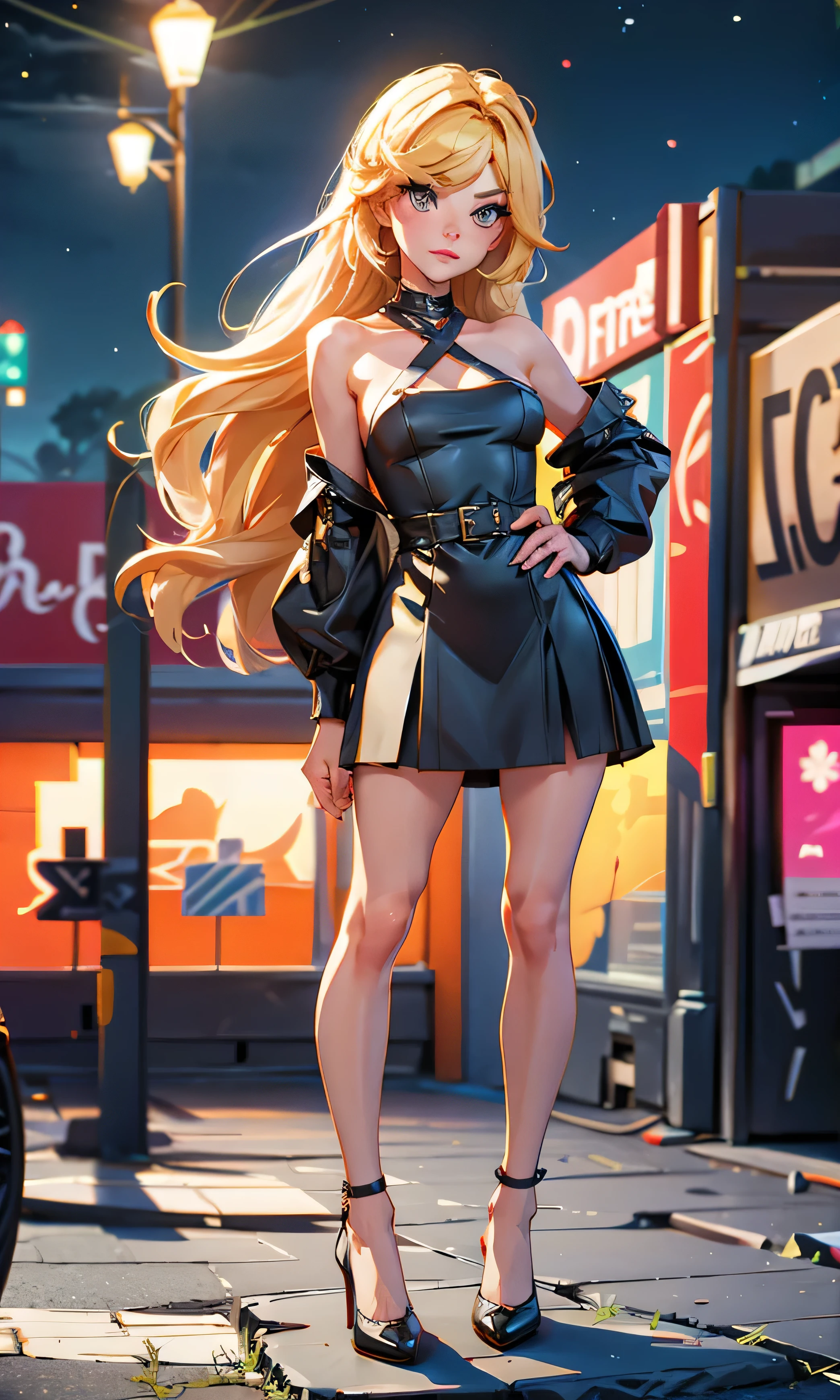 Masterpiece, 1 girl, beautiful, slim, head on, looking at the spectator , long hair , blond hair , brown eyes, arched eyebrows , full body , pretty legs, abdomen plano, Kpop outfit , black dress, short dress , bell dress , bare shoulders , Megan neckline trendy , black shoes, (((desnuda))), on the street, dark sky, Stone City clothing, Stone houses, stone path, flowers everywhere,