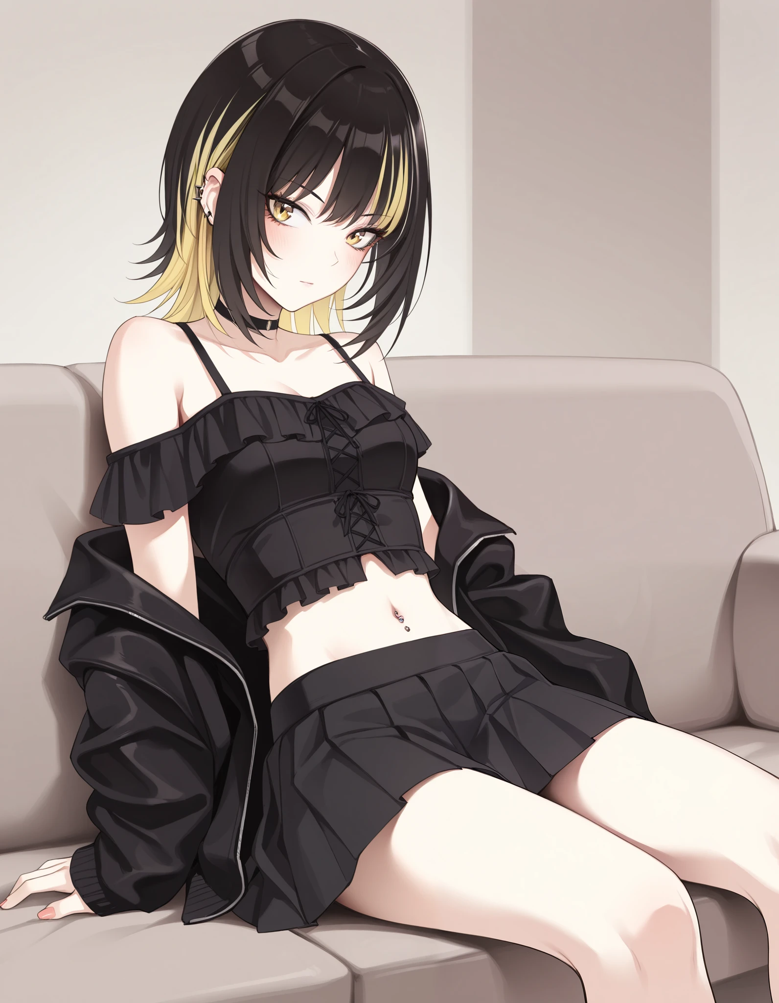 1girl,ikaruga luca,idolmaster shiny colors, black hair, blonde streaked hair, small breasts, sitting, couch, off-shoulder shirt, frills, black jacket, jacket partially removed, black pleated skirt, navel, navel piercing, black choker, ear piercing, casual, gothic casual, modest clothing, relaxed posture, multicolored hair, streaked hair,asutora,nanahara fuyuki,ruo zhishi chu jian,yueko \(jiayue wu\),colis,masterpiece, best quality, amazing quality, very aesthetic, absurdres,newest,huge filesize,