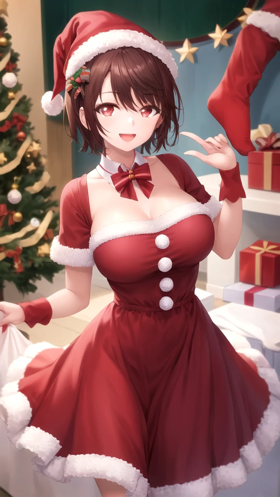 masterpiece, best quality, high quality, girl, solo, looking at viewer, yuuta_kadowaki, large breasts, merry christmas Dress, standing, smile, open mouth,