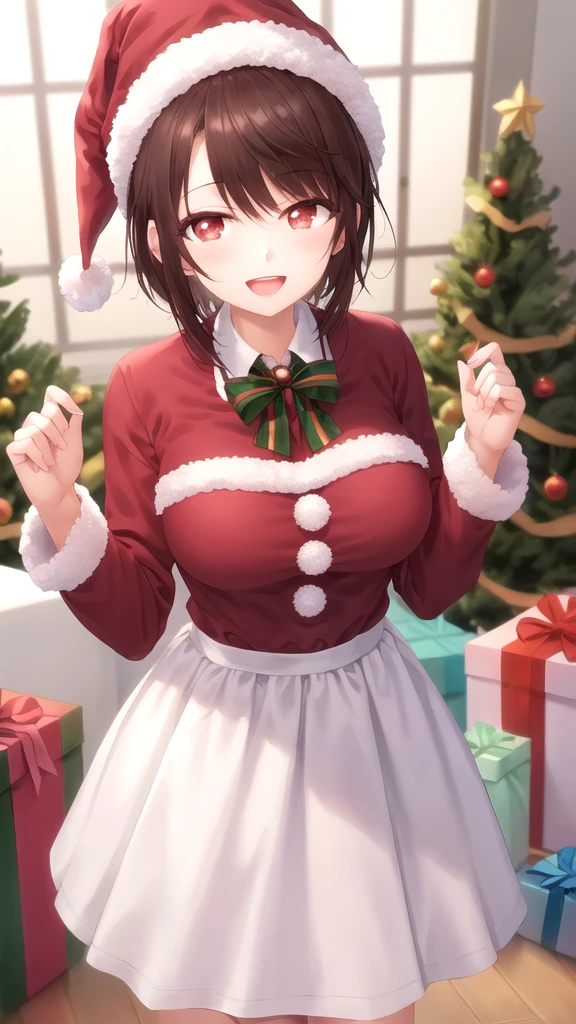 masterpiece, best quality, high quality, girl, solo, looking at viewer, yuuta_kadowaki, large breasts, merry christmas Dress, standing, smile, open mouth,