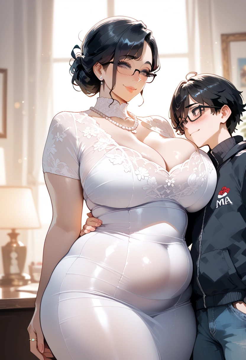 Anime milf and a boy,mature,hair bun,black hair,specs,chubby waist,plump body,shy smile,blush,wedding ring,pearl necklace,tight leggings,shirt dress,big breasts,big ass,tall,next to a  boy,taller than the boy