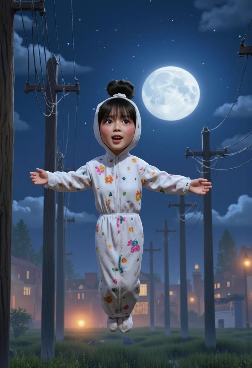 cute pocong two buns on top and bangs, a beautiful and cute girl, blushing cheeks,, jumping happily between electric poles, the night moon shining on his white patterned shroud with colorful flowers. His laughter echoes in the air as he dances with the wind, spreading joy wherever he goes. pixar vibrant color 3D animation image style.