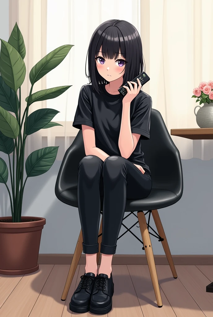 An anime-style illustration of a girl with a black watch and black hair and purple eyes, a teenager sitting in a dining backrest chair, black leather with wooden legs. She wears leather pants and black leather shoes and a leather t-shirt , while holding a black television remote control in her hands attached to her face . It has a Ficus elastica plant with large leaves , Oval , dark green and shiny , with a single thin dark green stalk. next to the dining chair The background is minimalist , with a soft indoor environment .