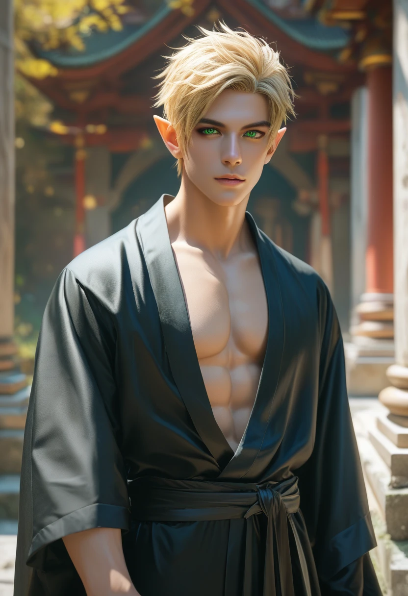 best quality,masterpiece,Ultra high detail,A handsome muscular fractal white hair autumn elf druid prince, Short hair,topless,),(wearing orange and brown wardrobe with jewelry ),realistic, Autumn wonderland background, light environment