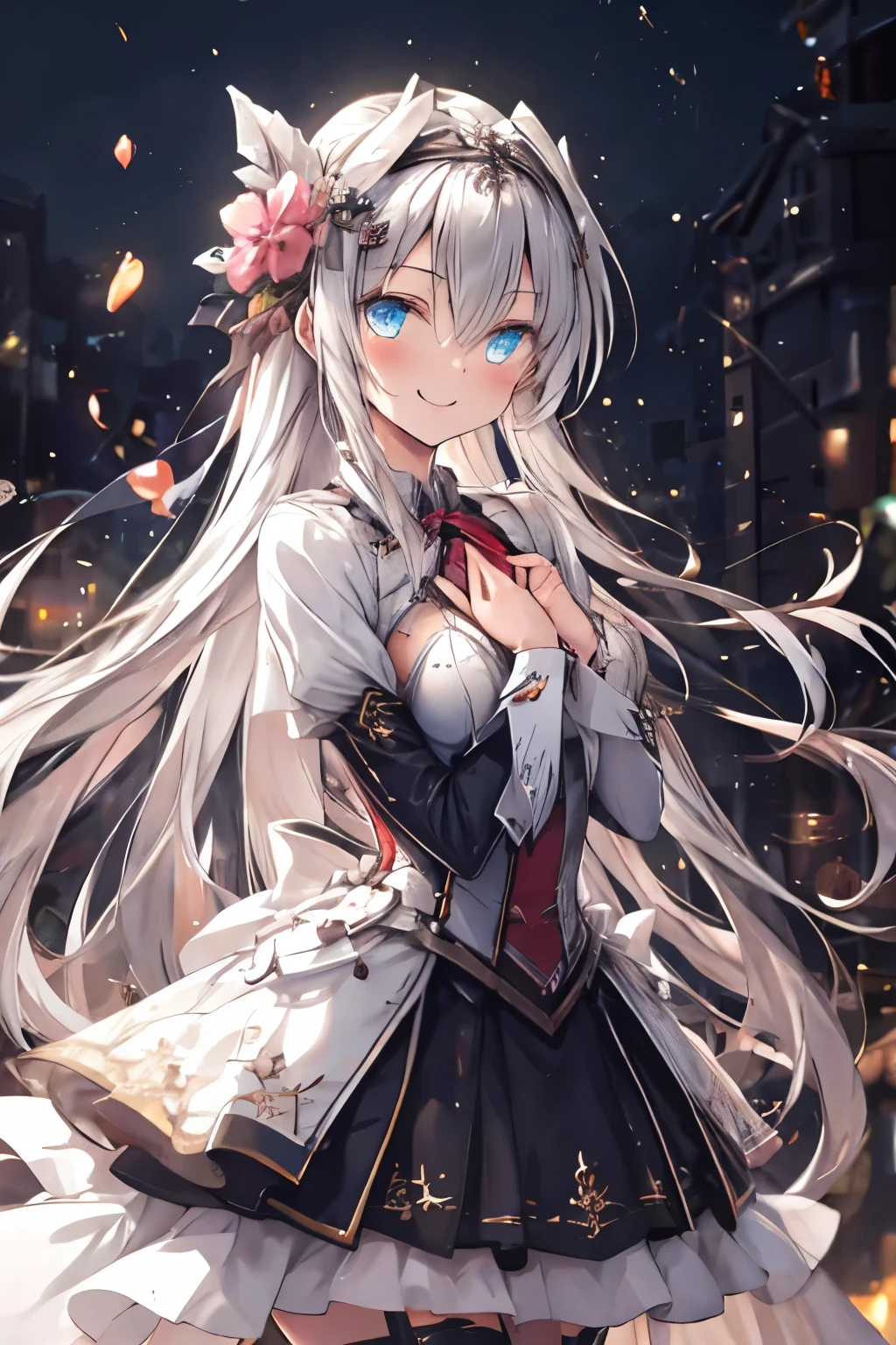 1 girl, Firefly \(Collapse: STAR RAIL\), Alone, Kurosai , headband , gradient skirt, hair ornament, blouse, cropped jacket, yellow neckerchief , cowboy shot , Standing with Different Chests , floating, Floating Hair, teeth , hands on own chest, I'm crying with my eyes open , Bokeh, fireflies, knight , masterpiece, smile, Green, bright eyes , thin brush , Hearts in eyes,