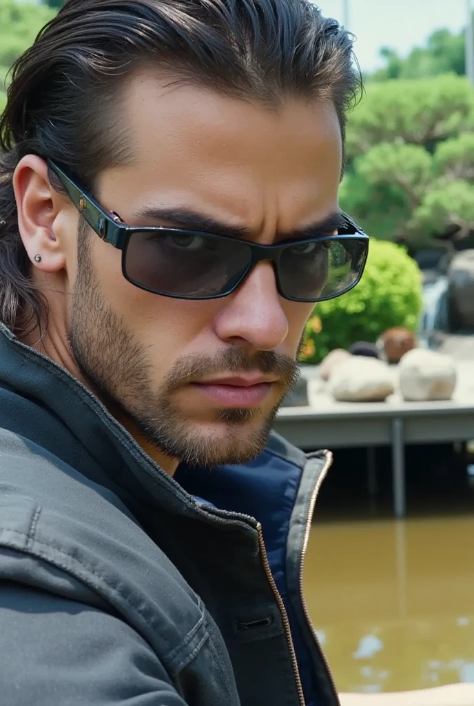 side view close up of rico at 35 years old as futuristic assassin in a japanese garden