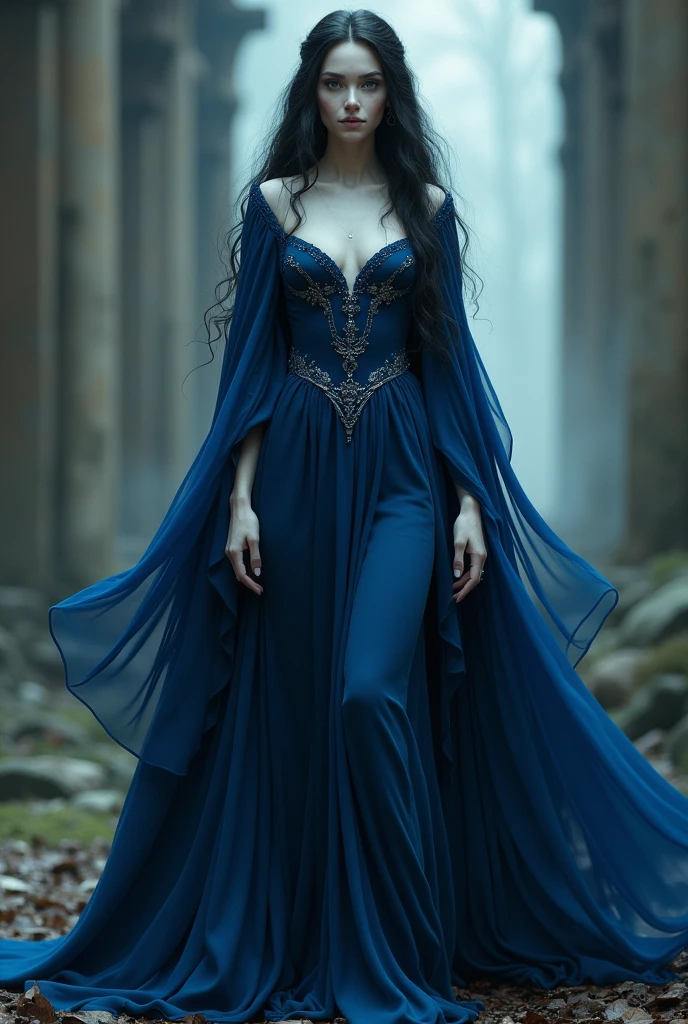 Majestic blue queen woman sitting black hair with a m