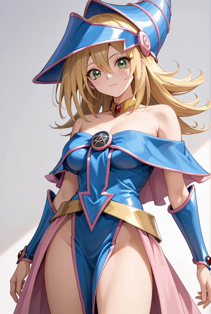 1girl, Solo, High Resolution, Masterpiece, Accurate, Anatomically Correct, Best Quality, Super Detailed, Textured Skin, UHD, Image Fill, Anime Style, Unreal Engine, Dark Magician Girl (Yu Gi Oh), Long Hair, Blonde Hair, Green Eyes, Blue female ninja dress