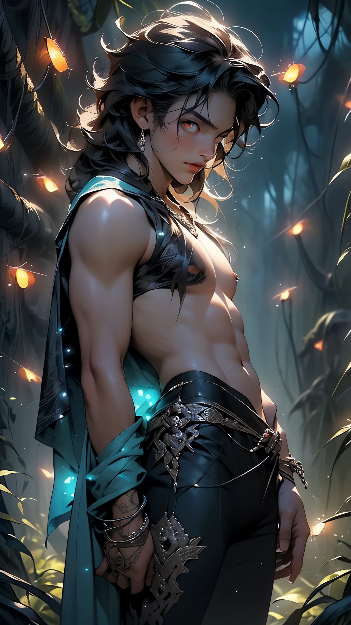 1boy, young male, teen, fairy, innocent face, cute face, youthful face, tanned skin, tribal, tribal tattoo, black eyes, fairy wings, black fairy wings, long hair, undercut, hair half shaved, purple hair, thin body, muscular, short, sexy, skimpy, jockstrap, shadow magic, light magic, shadow energy, light energy, necromancer, monk, monk outfit